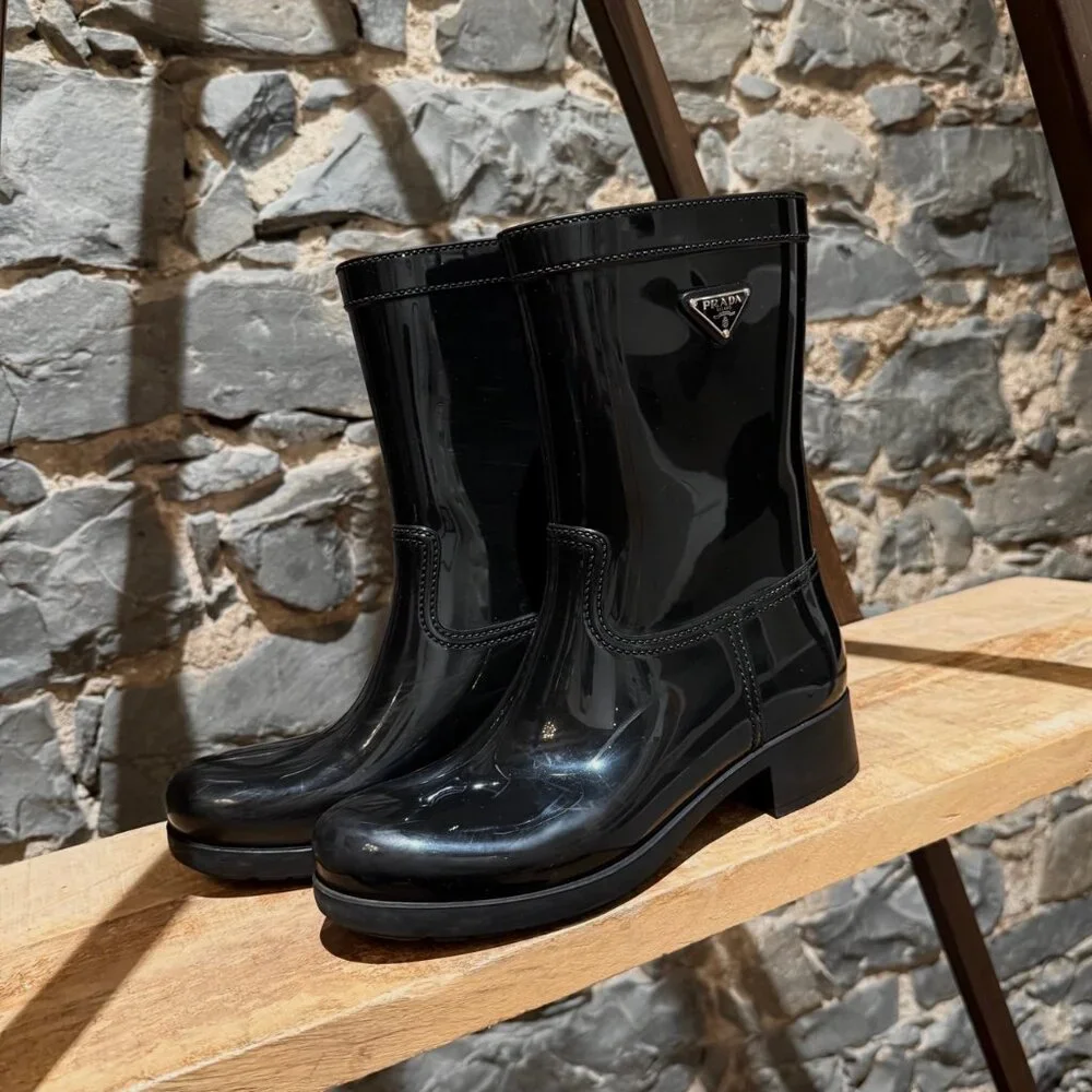 Prada Black Enamel Triangle Mid-Calf Rain Boots - Picture 8 of 14